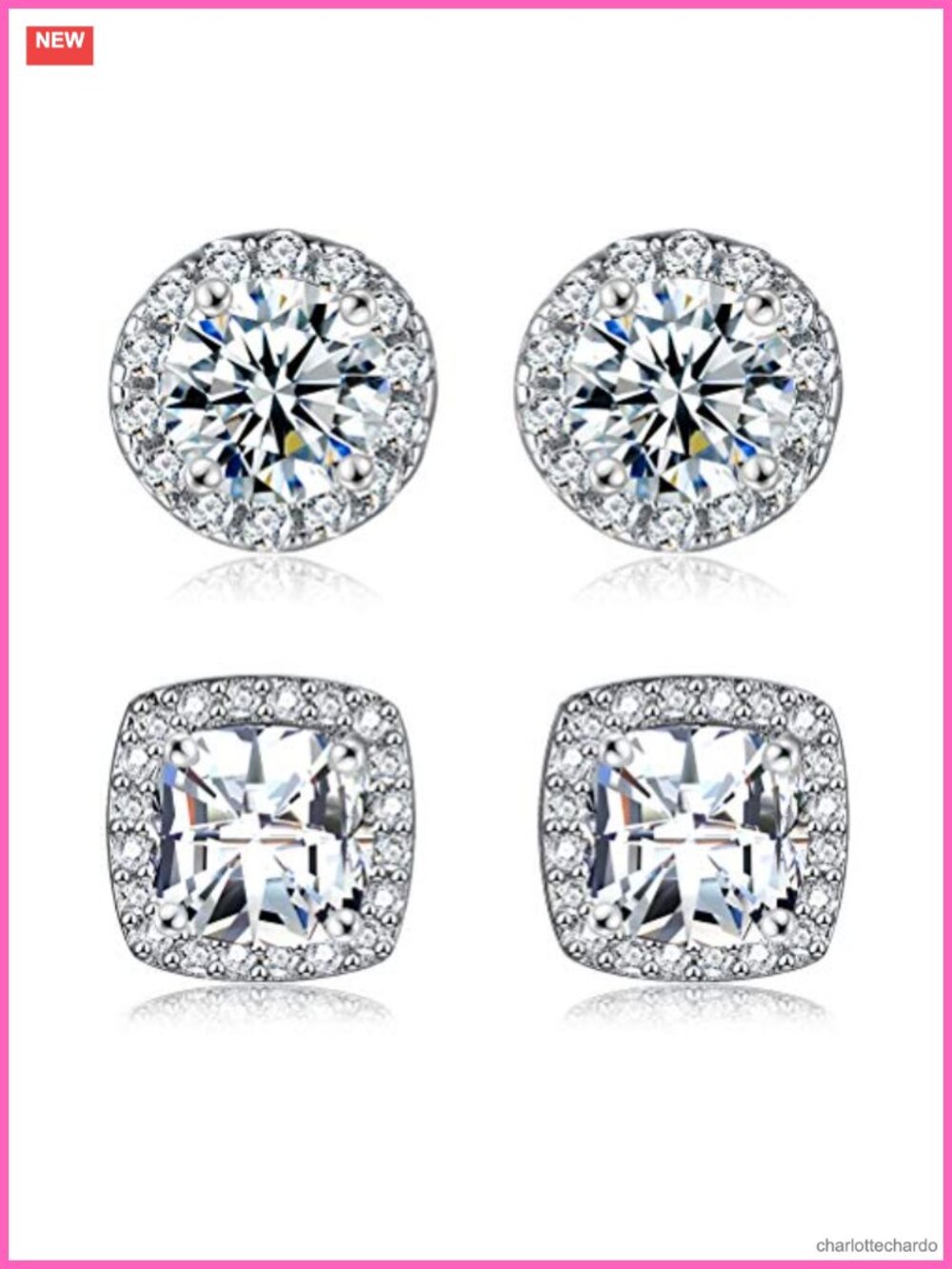 18K White Gold Plated CZ Simulated Diamond Round & Princess Cut Halo Stud